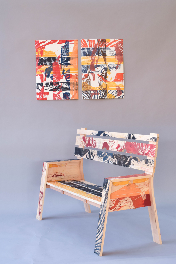 Wood block furniture and print, Leo Palmer