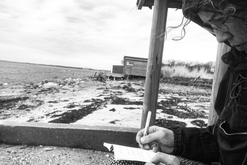 Lisa writing in the notebook by the ocean.
