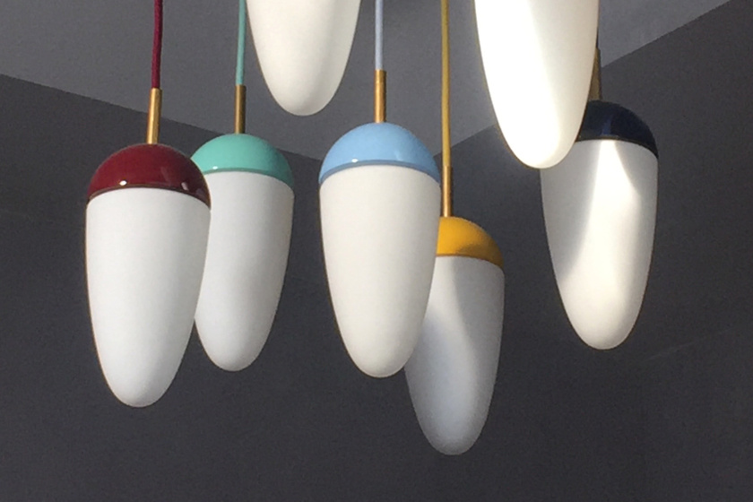 Pendant lamp/chandelier Flöte (fishing float), wood & glass. Design Martin Björnson.